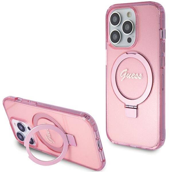 GUESS GUHMP15LHRSGSP IPHONE 15 PRO 6.1 "PINK/PINK HARDCASE RING STAND SCRIPT GLITTER MAGSAFE