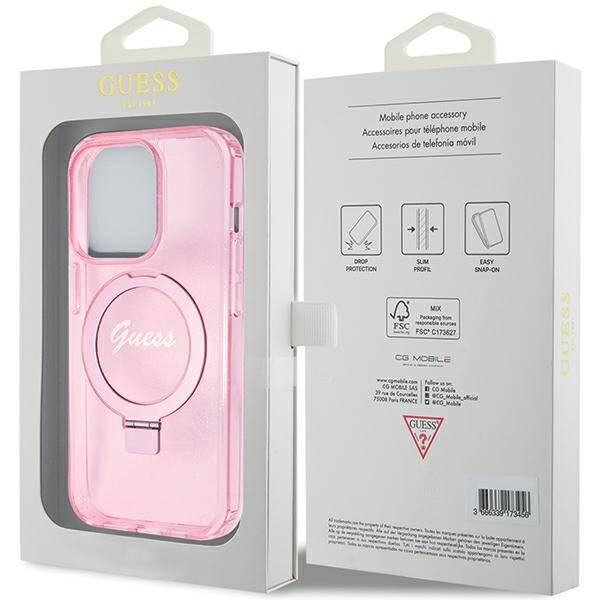 GUESS GUHMP15LHRSGSP IPHONE 15 PRO 6.1 "PINK/PINK HARDCASE RING STAND SCRIPT GLITTER MAGSAFE