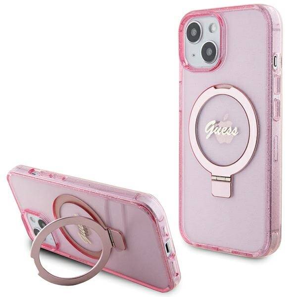 GUESS GUHMP15SHRSGSP IPHONE 15/14/13 6.1 "PINK / PINK HARDCASE RING STAND SCRIPT GLITTER MAGSAFE