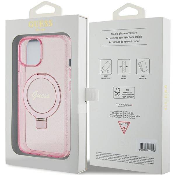 GUESS GUHMP15SHRSGSP IPHONE 15/14/13 6.1 "PINK / PINK HARDCASE RING STAND SCRIPT GLITTER MAGSAFE