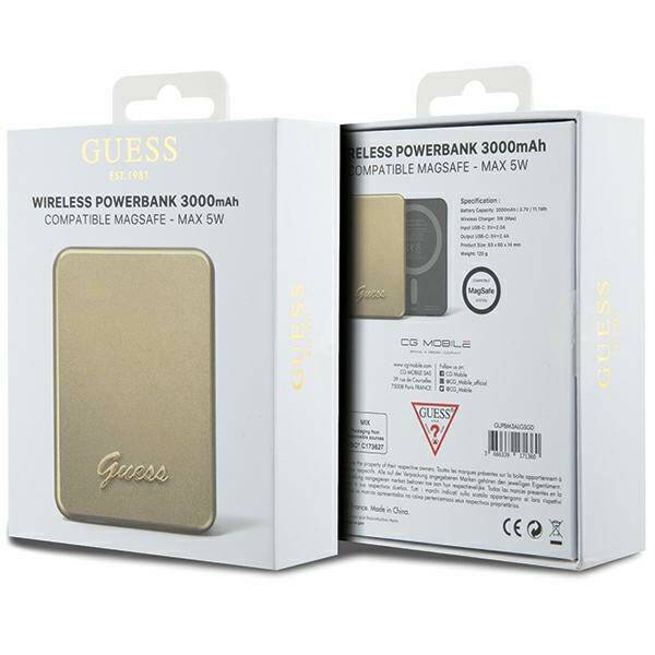 GUESS POWERBANK 5W GUPBM3ALGSGD 3000MAH ZŁOTY/GOLD MAGSAFE METAL SCRIPT LOGO