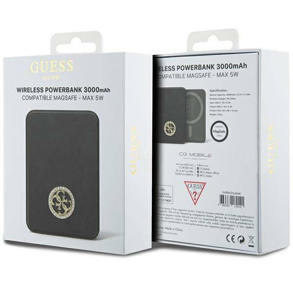 GUESS POWERBANK INDUCTION 5W GUPBM3AL4DMK 3000MAH BLACK/BLACK MAGSAFE 4G STRASSED METAL LOGO