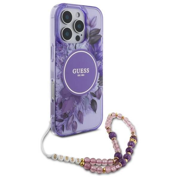 Guess GUHMP16LHFWBRCESU iPhone 16 Pro 6.3" fioletowy/purple hardcase IML Flowers With Pearl Strap MagSafe