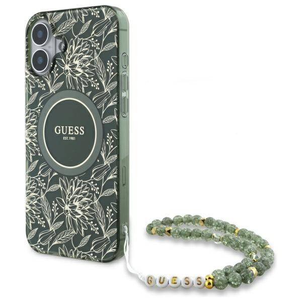 Guess GUHMP16MHCPOFPA iPhone 16 Plus 6.7" zielony/green hardcase IML Flowers Allover Electro With Pearl Strap MagSafe