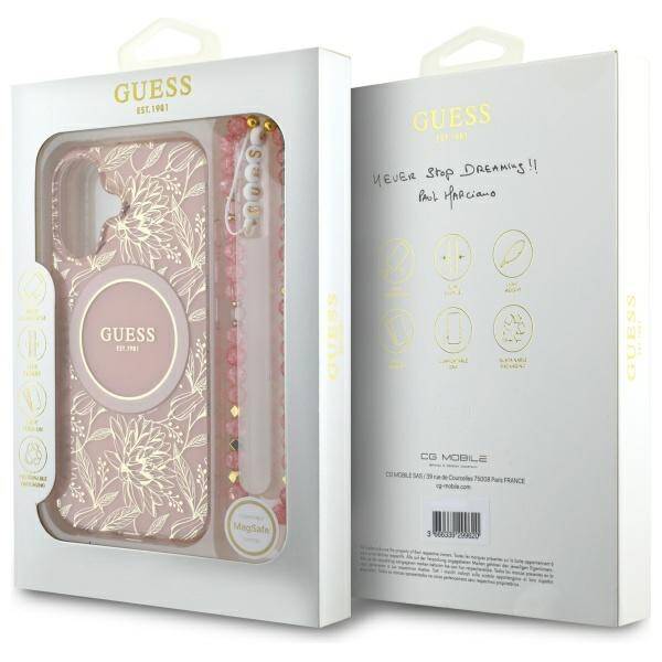 Guess GUHMP16SHCPOFPP iPhone 16 6.1" różowy/pink hardcase IML Flowers Allover Electro With Pearl Strap MagSafe