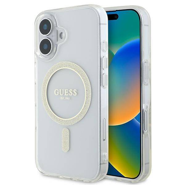 Guess GUHMP16SHFGERET iPhone 16 6.1" przeźroczysty/transparent hardcase IML Glitter Circle MagSafe