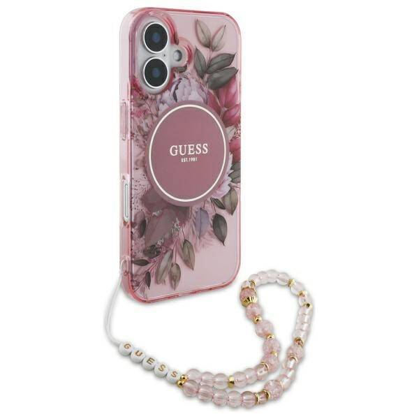 Guess GUHMP16SHFWBRCESP iPhone 16 6.1" różowy/pink hardcase IML Flowers With Pearl Strap MagSafe