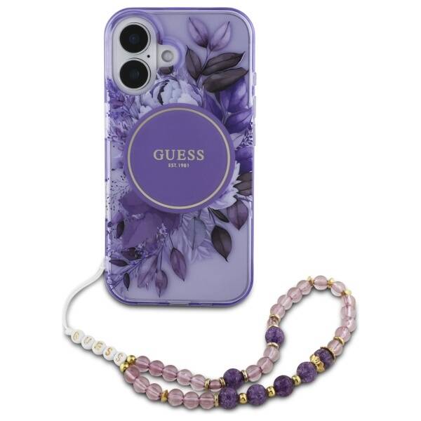 Guess GUHMP16SHFWBRCESU iPhone 16 6.1" fioletowy/purple hardcase IML Flowers With Pearl Strap MagSafe