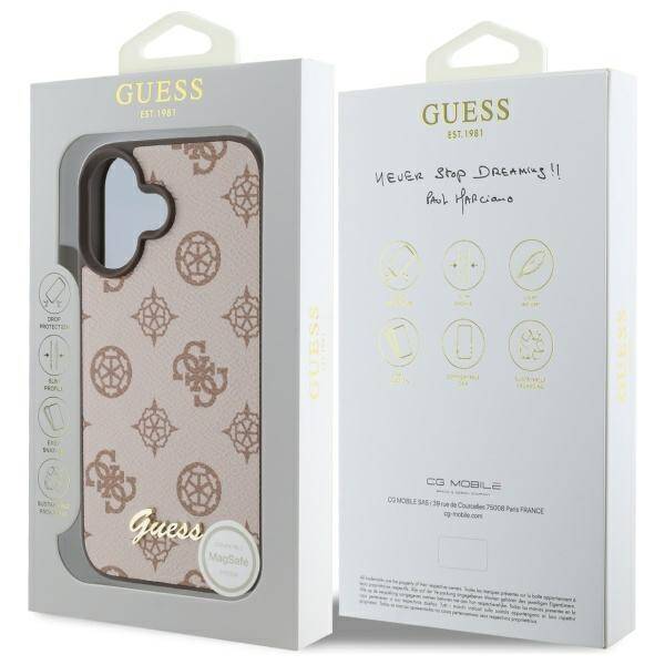 Guess GUHMP16SPGPYSW iPhone 16 brązowy/brown HC MagSafe PU Peony Script