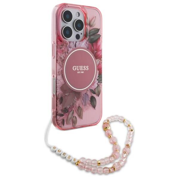 Guess GUHMP16XHFWBRCESP iPhone 16Pro Max 6.9" różowy/pink hardcase IML Flowers With Pearl Strap MagSafe