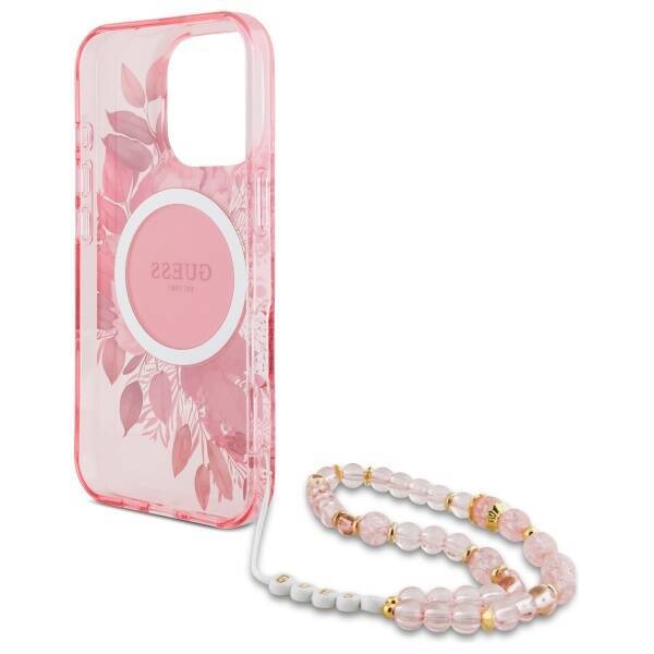 Guess GUHMP16XHFWBRCESP iPhone 16Pro Max 6.9" różowy/pink hardcase IML Flowers With Pearl Strap MagSafe