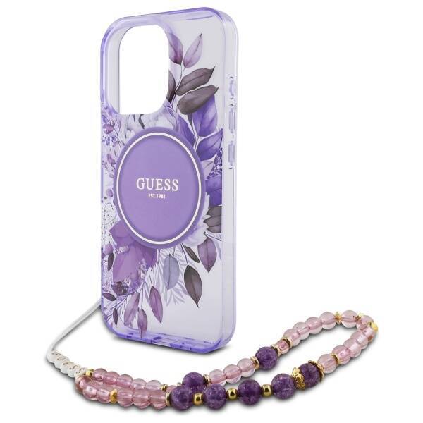 Guess GUHMP16XHFWBRCESU iPhone 16Pro Max 6.9" fioletowy/purple hardcase IML Flowers With Pearl Strap MagSafe