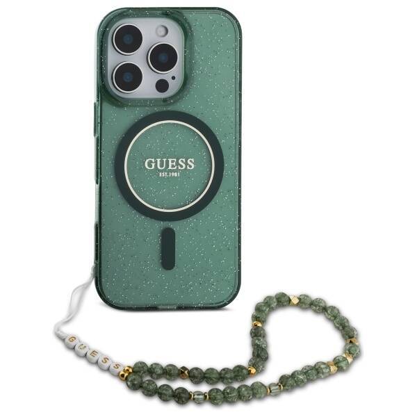 Guess GUHMP16XHGCRELSA iPhone 16 Pro Max 6.9" zielony/green hardcase hardcase IML Glitter With Pearl Strap MagSafe