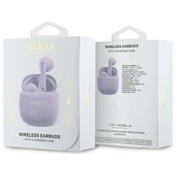 Guess słuchawki Bluetooth GUTWSJ14ESGU    TWS + stacja dokująca fioletowy/purple Printed Classic Logo