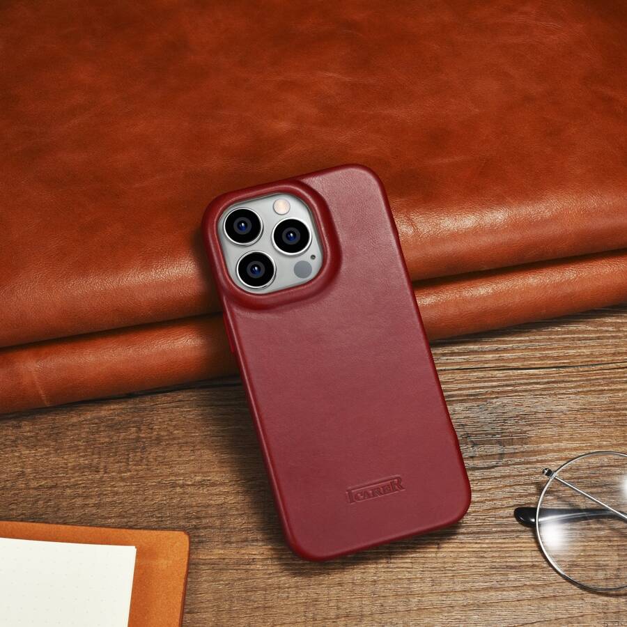 ICARER CE OIL WAX PREMIUM LEATHER FOLIO CASE LEATHER CASE IPHONE 14 PRO MAGNETIC FLIP MAGSAFE RED (AKI14220706-RD)