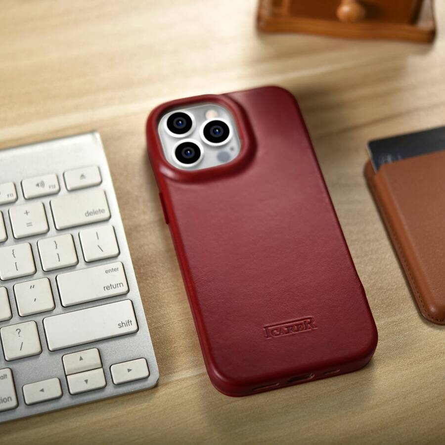 ICARER CE OIL WAX PREMIUM LEATHER FOLIO CASE LEATHER CASE IPHONE 14 PRO MAGNETIC FLIP MAGSAFE RED (AKI14220706-RD)