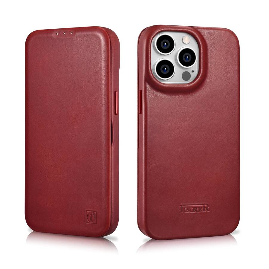 ICARER CE OIL WAX PREMIUM LEATHER FOLIO CASE LEATHER CASE IPHONE 14 PRO MAX MAGNETIC FLIP MAGSAFE RED (AKI14220708-RD)