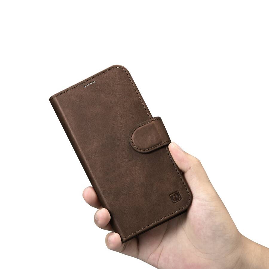 ICARER OIL WAX WALLET CASE 2IN1 COVER IPHONE 14 PRO ANTI-RFID LEATHER FLIP CASE BROWN (WMI14220722-BN)