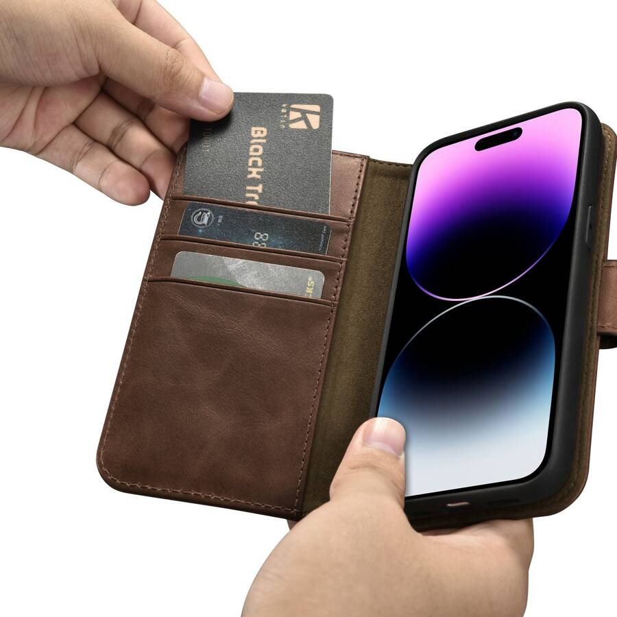 ICARER OIL WAX WALLET CASE 2IN1 COVER IPHONE 14 PRO ANTI-RFID LEATHER FLIP CASE BROWN (WMI14220722-BN)