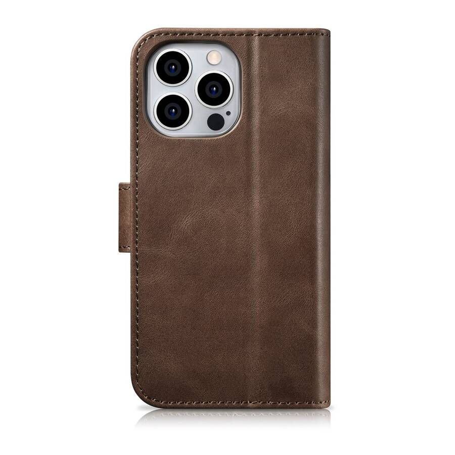 ICARER OIL WAX WALLET CASE 2IN1 COVER IPHONE 14 PRO ANTI-RFID LEATHER FLIP CASE BROWN (WMI14220722-BN)