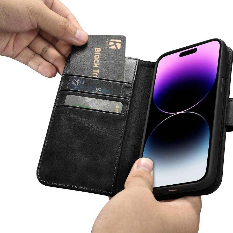 ICARER OIL WAX WALLET CASE 2IN1 COVER IPHONE 14 PRO LEATHER FLIP COVER ANTI-RFID BLACK (WMI14220722-BK)