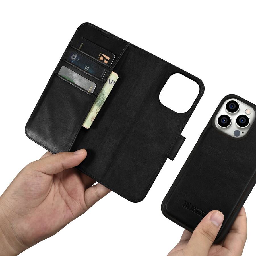 ICARER OIL WAX WALLET CASE 2IN1 COVER IPHONE 14 PRO LEATHER FLIP COVER ANTI-RFID BLACK (WMI14220722-BK)