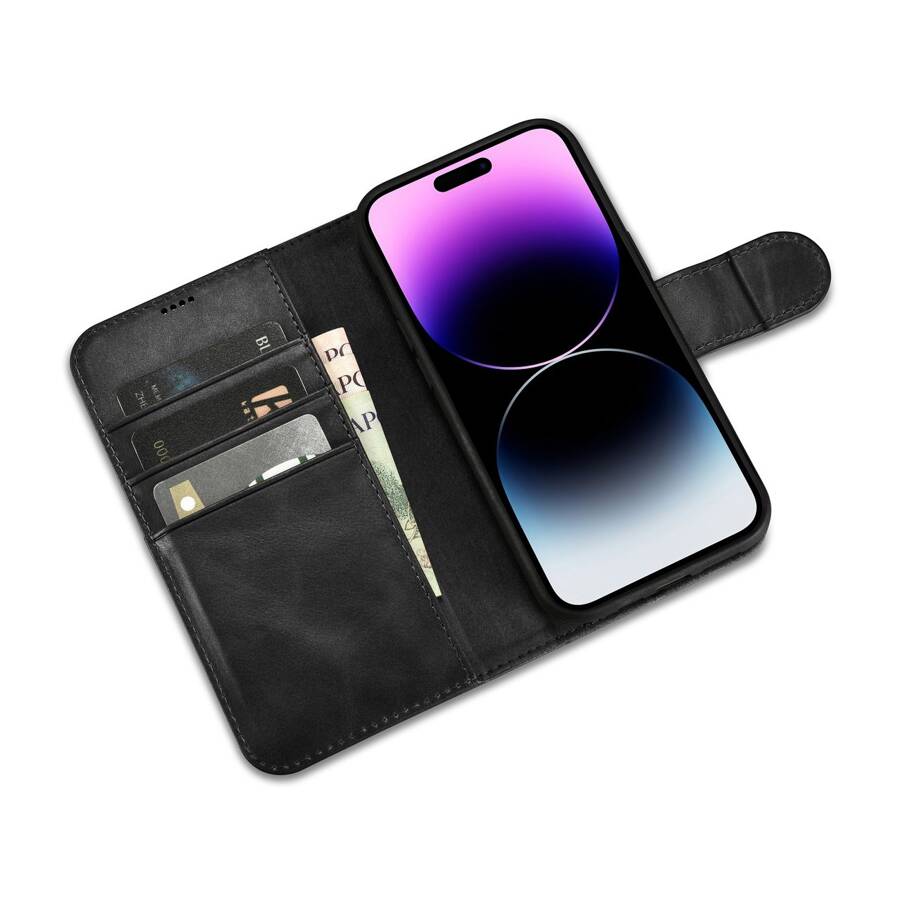 ICARER OIL WAX WALLET CASE 2IN1 COVER IPHONE 14 PRO LEATHER FLIP COVER ANTI-RFID BLACK (WMI14220722-BK)