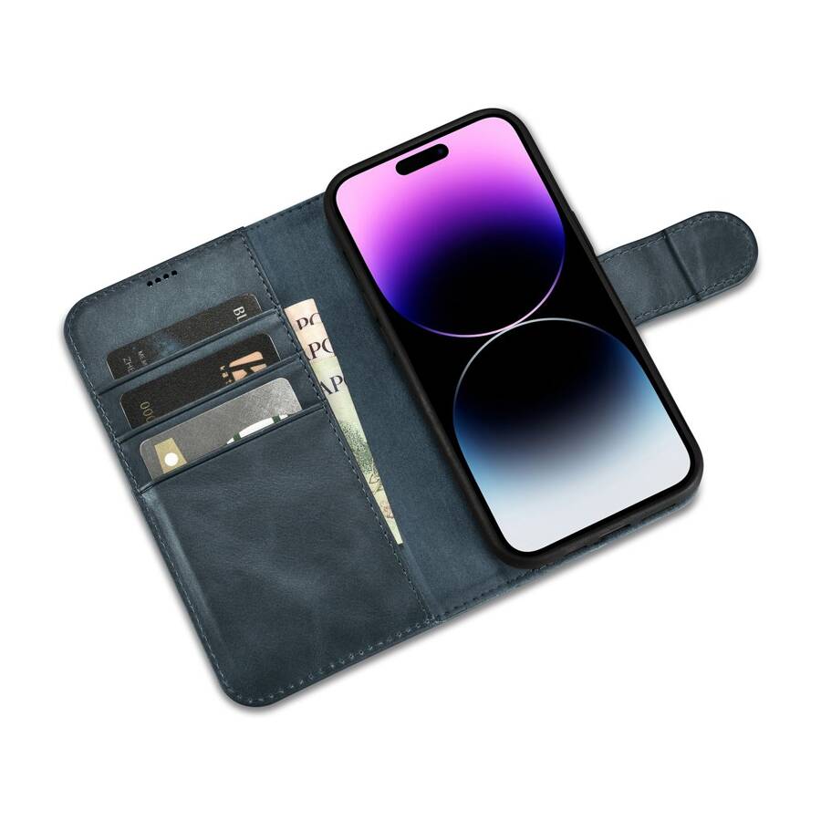 ICARER OIL WAX WALLET CASE 2IN1 COVER IPHONE 14 PRO MAX LEATHER FLIP COVER ANTI-RFID BLUE (WMI14220724-BU)
