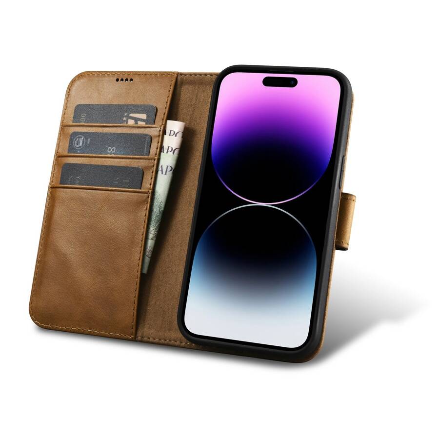 ICARER OIL WAX WALLET CASE 2IN1 COVER IPHONE 14 PRO MAX LEATHER FLIP COVER ANTI-RFID BROWN (WMI14220724-TN)