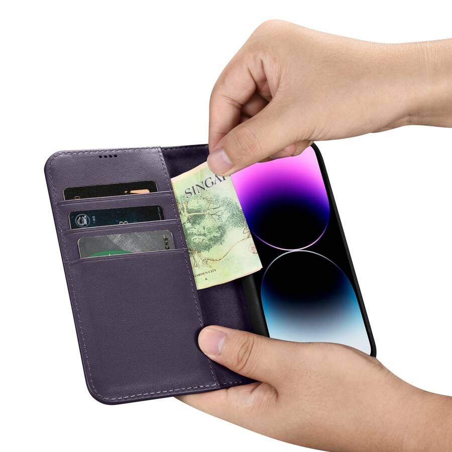 ICARER WALLET CASE 2IN1 COVER IPHONE 14 PRO ANTI-RFID LEATHER FLIP CASE DARK PURPLE (WMI14220726-DP)