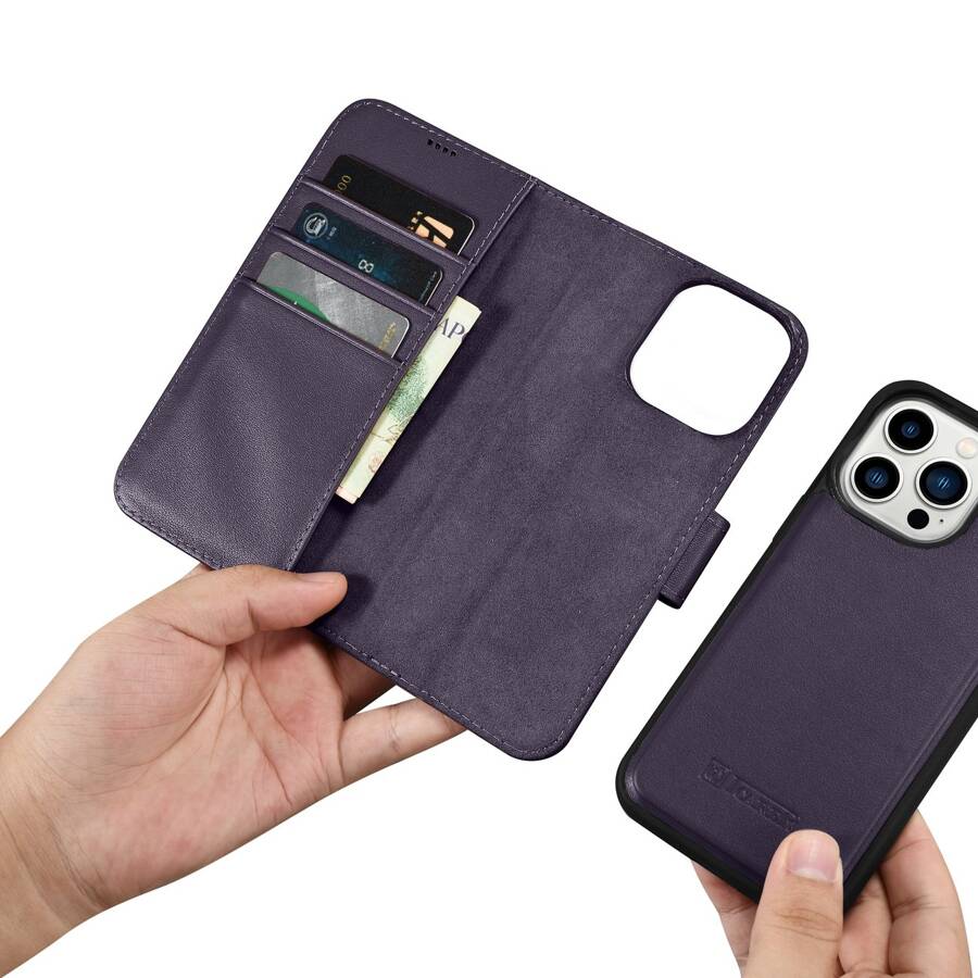 ICARER WALLET CASE 2IN1 COVER IPHONE 14 PRO ANTI-RFID LEATHER FLIP CASE DARK PURPLE (WMI14220726-DP)