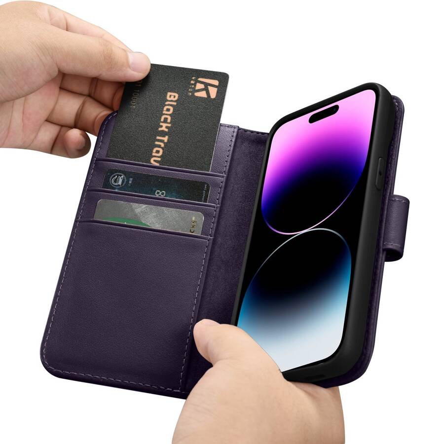 ICARER WALLET CASE 2IN1 COVER IPHONE 14 PRO ANTI-RFID LEATHER FLIP CASE DARK PURPLE (WMI14220726-DP)