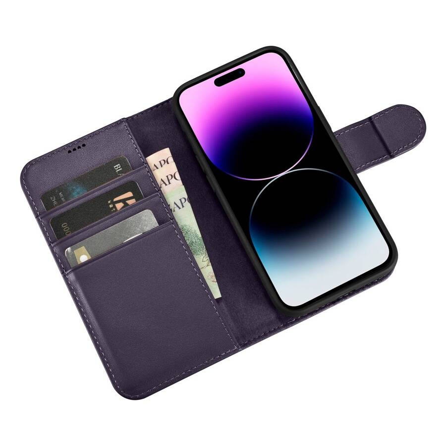 ICARER WALLET CASE 2IN1 COVER IPHONE 14 PRO ANTI-RFID LEATHER FLIP CASE DARK PURPLE (WMI14220726-DP)