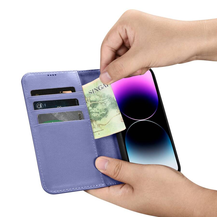 ICARER WALLET CASE 2IN1 COVER IPHONE 14 PRO ANTI-RFID LEATHER FLIP CASE LIGHT PURPLE (WMI14220726-LP)