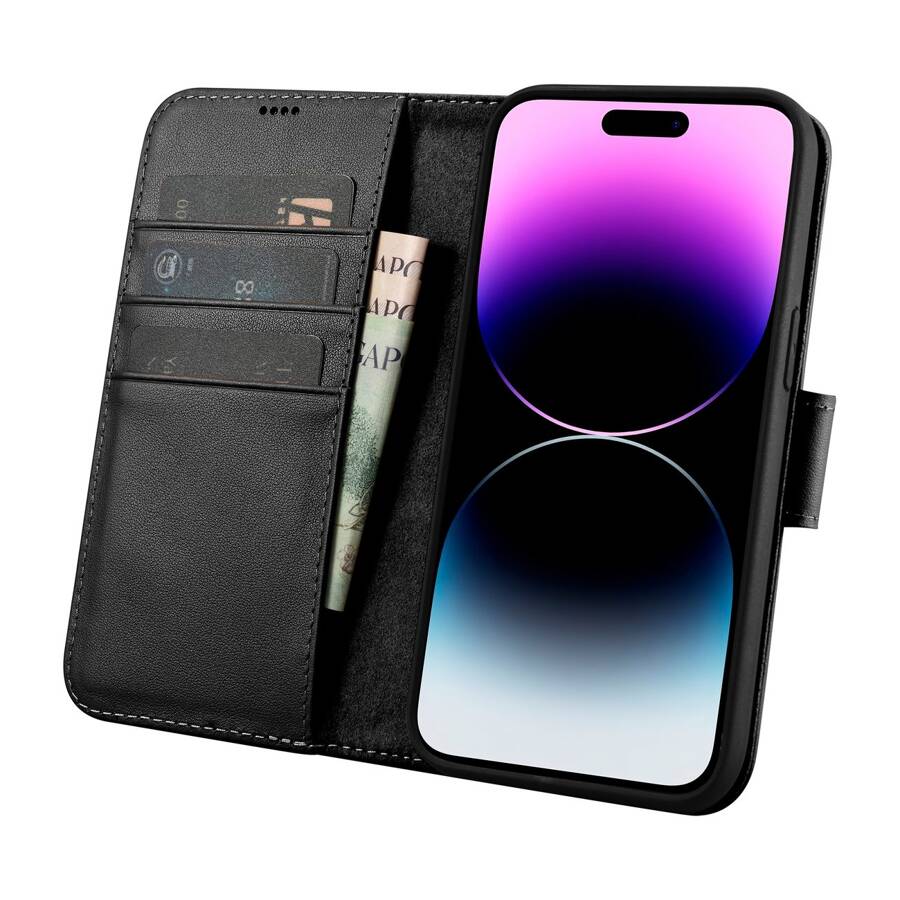 ICARER WALLET CASE 2IN1 COVER IPHONE 14 PRO LEATHER FLIP COVER ANTI-RFID BLACK (WMI14220726-BK)