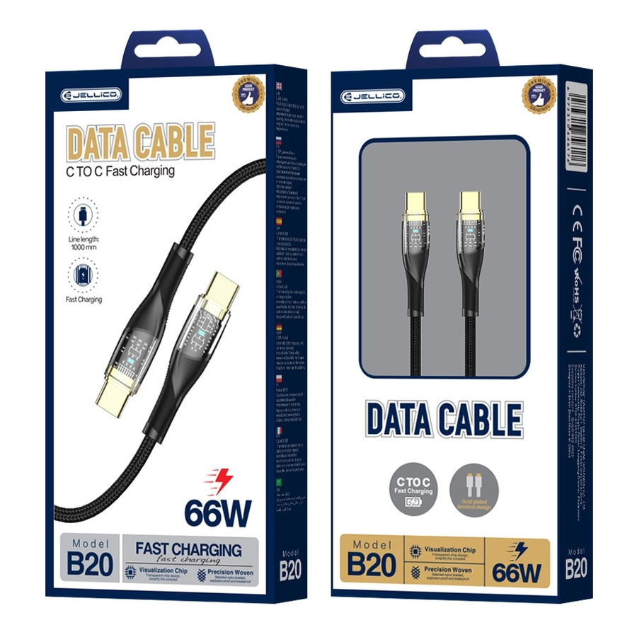 JELLICO cable B20 USB-C - USB-C PD 66W 1M Black