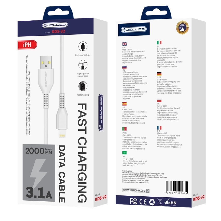 JELLICO cable KDS-32 Lightning USB 3.1A 2M White