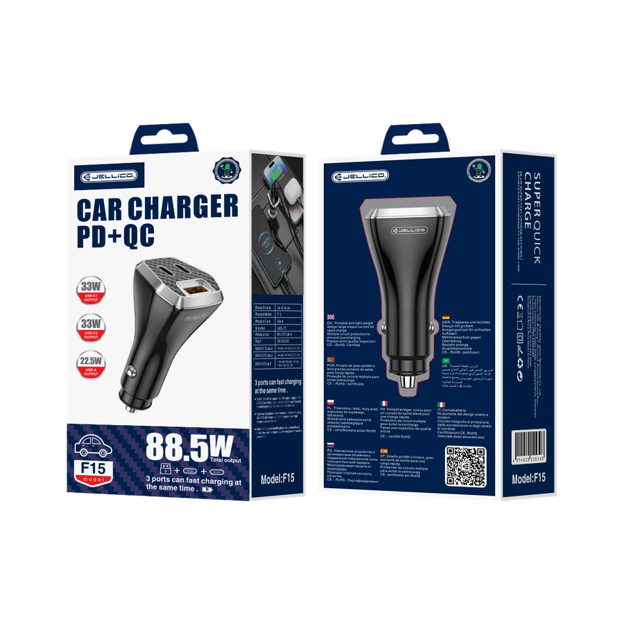 JELLICO car charger F15 PD 88,5W 2xUSB-C + 1xUSB QC3.0 Black