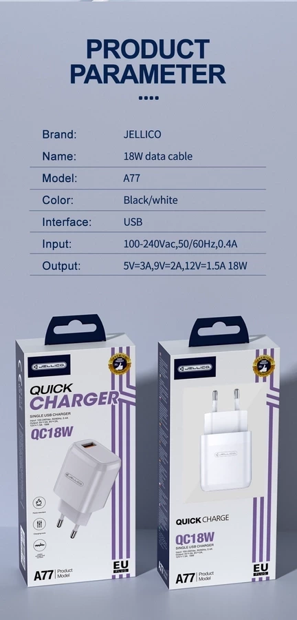 JELLICO wall charger A77 22,5W 1xUSB QC3.0 + cable Lightning White