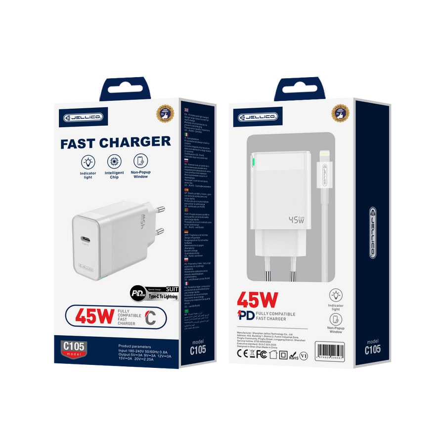 JELLICO wall charger C105 GaN PD 45W 1xUSB-C + cable USB-C - Lightning White