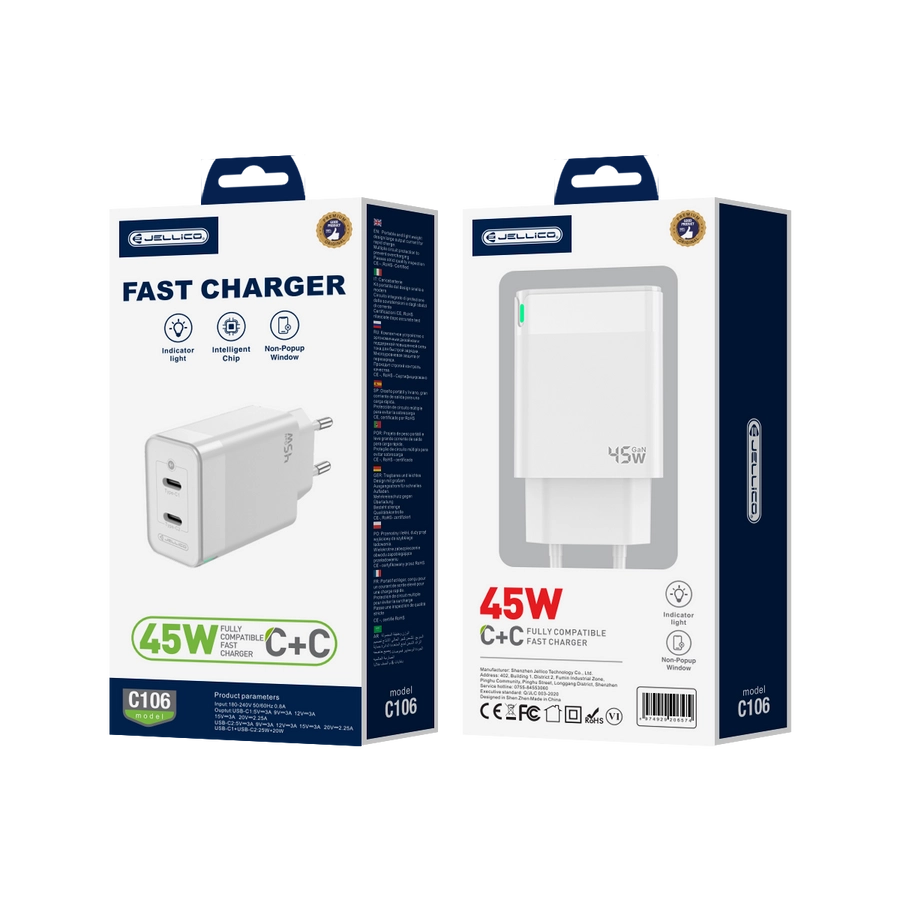 JELLICO wall charger C106 GaN PD 45W 2xUSB-C White