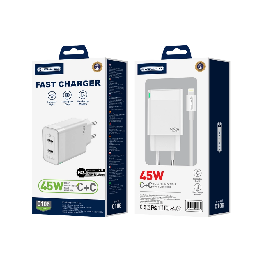 JELLICO wall charger C106 GaN PD 45W 2xUSB-C + cable USB-C - Lightning White