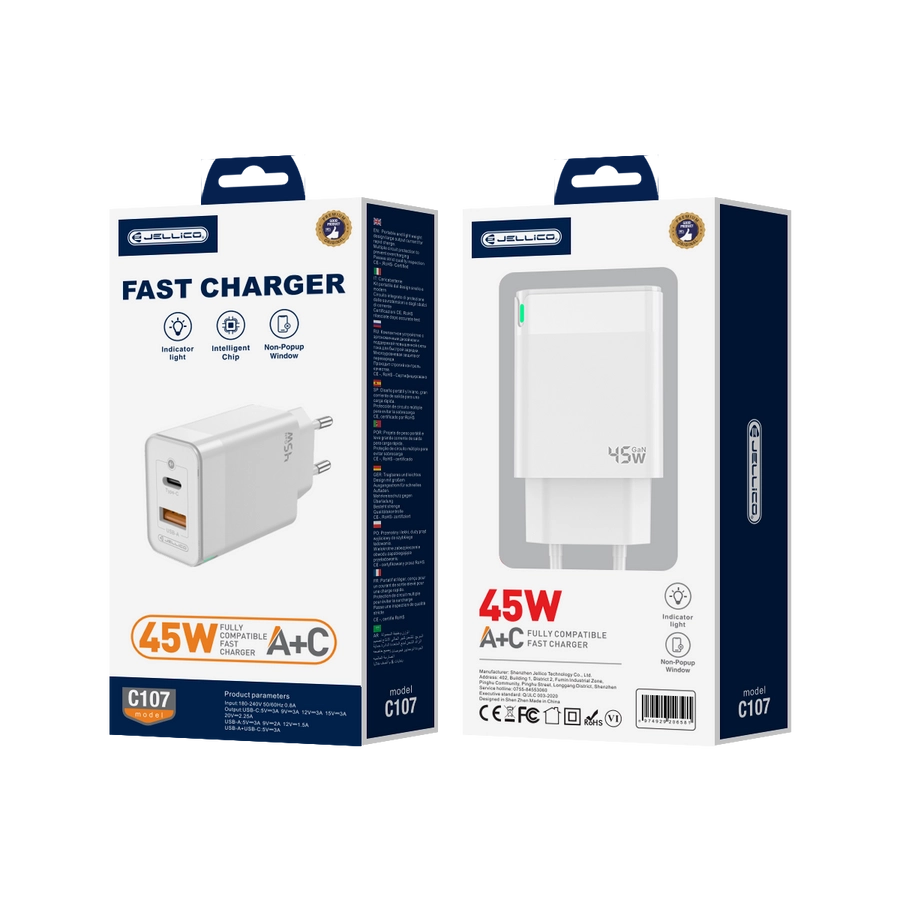 JELLICO wall charger C107 GaN PD 45W 1xUSB-C + 1xUSB QC3.0 White