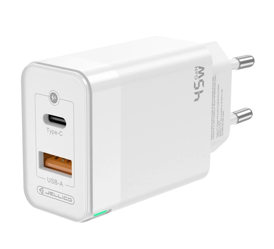 JELLICO wall charger C107 GaN PD 45W 1xUSB-C + 1xUSB QC3.0 White