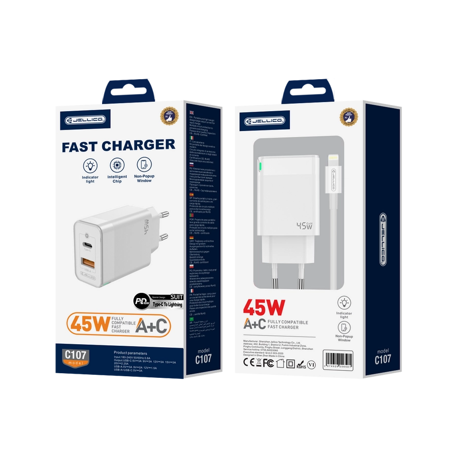 JELLICO wall charger C107 GaN PD 45W 1xUSB-C + 1xUSB QC3.0 + cable USB-C - Lightning White