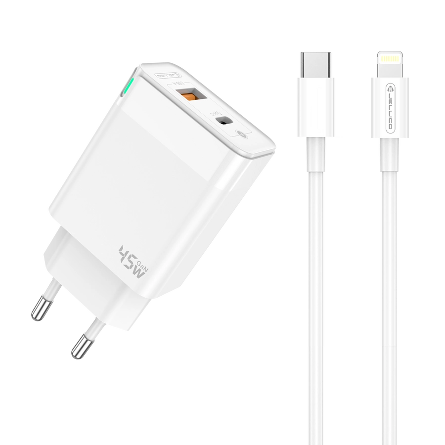 JELLICO wall charger C107 GaN PD 45W 1xUSB-C + 1xUSB QC3.0 + cable USB-C - Lightning White