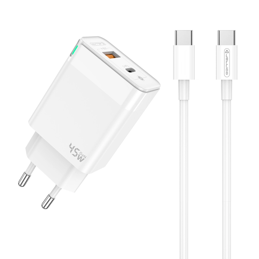 JELLICO wall charger C107 GaN PD 45W 1xUSB-C + 1xUSB QC3.0 + cable USB-C - USB-C White