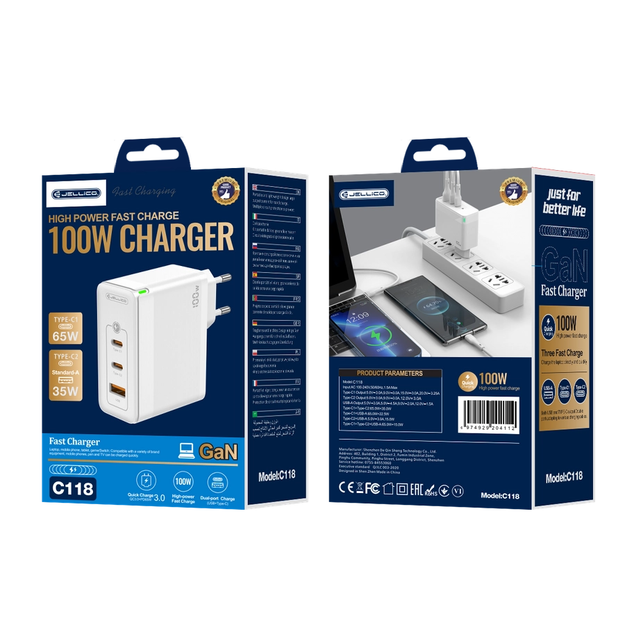 JELLICO wall charger C118 GaN PD 100W 2xUSB-C + 1xUSB QC3.0 White