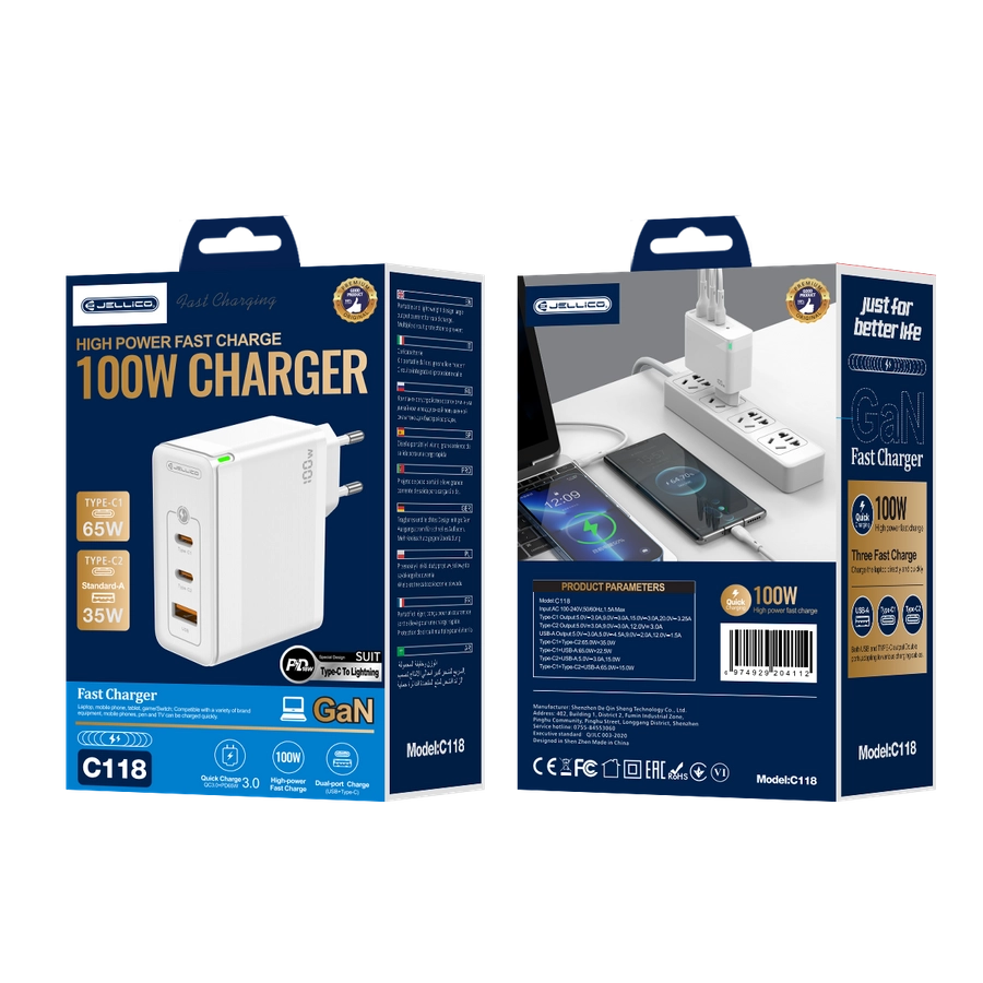 JELLICO wall charger C118 GaN PD 100W 2xUSB-C + 1xUSB QC3.0 + cable USB-C - Lightning White