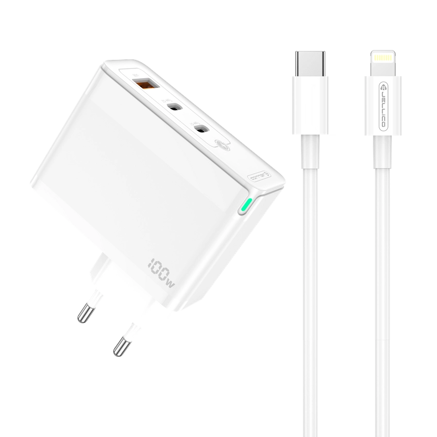 JELLICO wall charger C118 GaN PD 100W 2xUSB-C + 1xUSB QC3.0 + cable USB-C - Lightning White